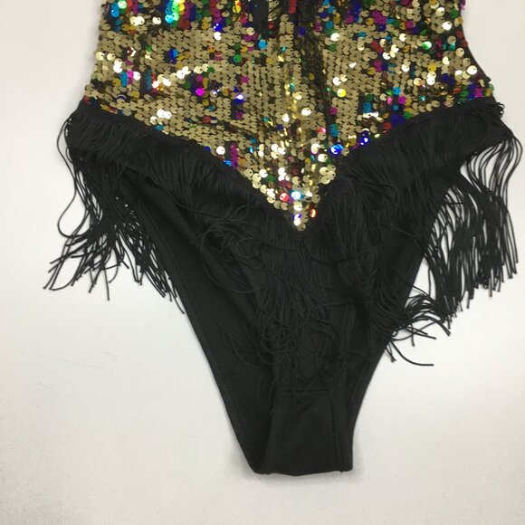 Black MultiColor Sequin Embellished Fringe Dancewear One Piece Costume Romper - Picture 6 of 12